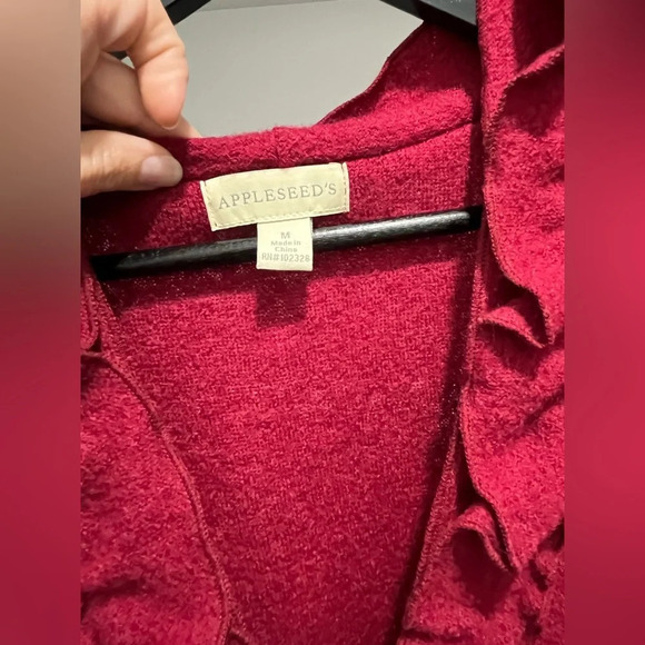 Appleseeds’s boiled 100% wool burgundy red ruffle jacket sweater women’s Medium - Picture 6 of 8